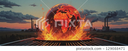 A fiery Earth burns, scorched by industry and technology. Smokestacks belch pollution, oil pumps churn as fossil fuels grill our planet 129088471