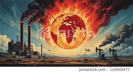 A fiery Earth burns, scorched by industry and technology. Smokestacks belch pollution, oil pumps churn as fossil fuels grill our planet 129088477