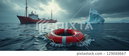 A durable lifebuoy floats in icy Arctic waters, ensuring safety and quick offshore rescue in extreme conditions 129088667