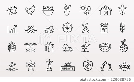 Agriculture icon set illustration. Farm life cultivation symbols depict agriculture farming. Agriculture business organic food landscaping gardening. Simple outline light background vector 129088736