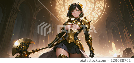 Beautiful blue-eyed warrior with a golden axe 129088761