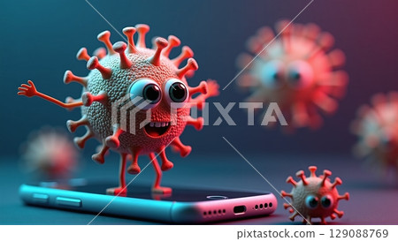 A quirky virus character stands boldly on a smart phone screen, revealing the hidden world of microscopic invaders lurking on our digital devices 129088769