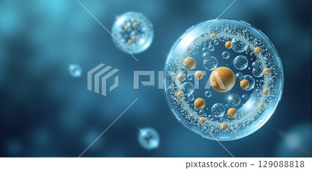 Microscopic liposome spheres with molecular core, encapsulated by lipid bilayer, enabling precise drug delivery and targeted therapeutic transport 129088818