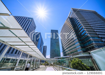 Yokohama cityscape in July. Overlooking the business district in front of Shin-Takashima Station. 129088891