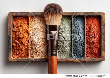 Perfect for professional makeup applications. Flat lay of makeup brush placed next to a color palette on white background. Perfect for professional makeup applications. Flat lay of makeup brush placed next to a color palette on white background. 129088939