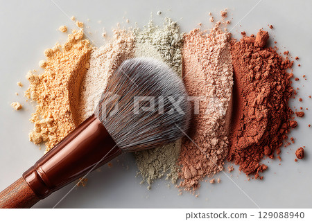 Ideal for beauty brands and product features. Flat lay of makeup brush placed next to a color palette on white background. 129088940