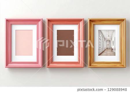 Branding. Empty color photo frame for a collage of three photos in a minimalist style on a white background. Branding. Empty color photo frame for a collage of three photos in a minimalist style on a white background. 129088948