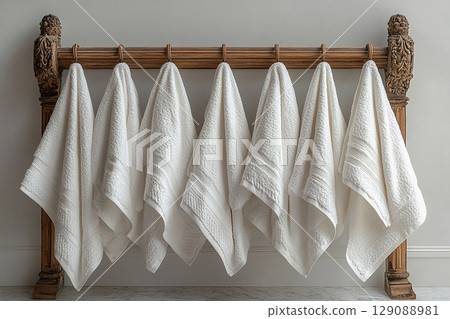 Line of freshly washed white towels hanging on a rack in Rocco Renaissance style. Line of freshly washed white towels hanging on a rack in Rocco Renaissance style. 129088981
