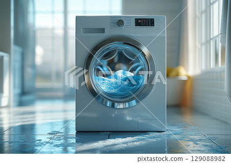 Home cleaning blogs. Washing machine mid-cycle with soap suds visible through the glass door on a white background. 129088982