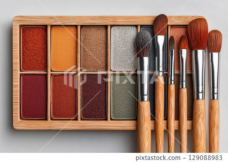Ideal for luxury beauty brand campaigns. Flat lay of makeup brush placed next to a color palette on white background. Ideal for luxury beauty brand campaigns. Flat lay of makeup brush placed next to a color palette on white background. 129088983