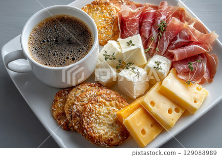White plate with slices prosciutto, pieces of brie, cheddar with crackers and cup of coffee. Classic Continental Breakfast. Hotel Breakfast Styles. 129088989