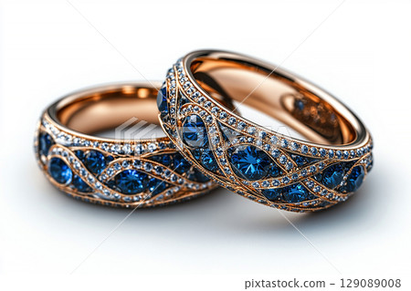 Luxurious pair of wedding rings with blue stones on a white background. Rococo-Renaissance style. Luxurious pair of wedding rings with blue stones on a white background. Rococo-Renaissance style. 129089008