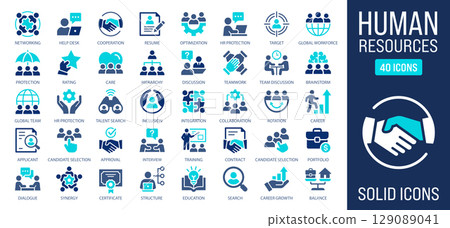 Human resources icon set. Collection of hiring, employee, job, resume, interview and more. Vector illustration. Easily changes to any color. 129089041