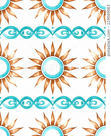Tribal pattern in dark brown and turquoise tones, abstract sun and moon in the center, hand-drawn edges 129089063