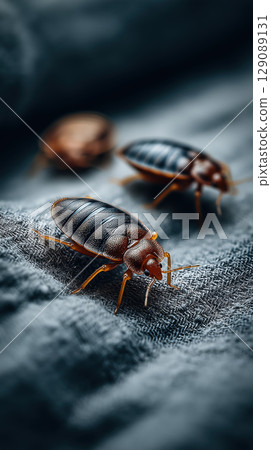 Close up of bedbugs crawling on fabric, showcasing their detailed texture and colors. image captures insects in natural setting Close up of bedbugs crawling on fabric, showcasing their detailed texture and colors. image captures insects in natural setting 129089131