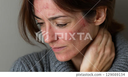Woman with red, irritated skin on her face looks down, appearing thoughtful. She wears gray sweater and touches her neck Woman with red, irritated skin on her face looks down, appearing thoughtful. She wears gray sweater and touches her neck 129089134