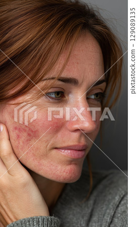 Woman with red irritated skin on her cheek looks thoughtful, possibly experiencing skin allergies Woman with red irritated skin on her cheek looks thoughtful, possibly experiencing skin allergies 129089135