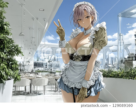Maid Cafe: Shy peace sign! Beautiful maid welcoming pose [Illustration material] 129089160