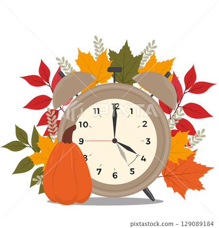Clocks with pumpkin and autumn leaves.  129089184