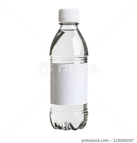 Clear plastic water bottle with blank label, ideal for branding or personal use. bottle is filled with water, showcasing its transparent design and simple aesthetic 129089287