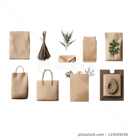 Natural kraft paper packaging and decorative elements arranged aesthetically. This collection features various sizes and styles of bags, boxes, and greenery, perfect for eco friendly gifting Natural kraft paper packaging and decorative elements arranged aesthetically. This collection features various sizes and styles of bags, boxes, and greenery, perfect for eco friendly gifting 129089290