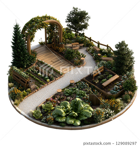 beautifully designed garden featuring lush greenery, vibrant flowers, and wooden pathways. This serene outdoor space includes raised garden beds, seating areas, and decorative arches, creating beautifully designed garden featuring lush greenery, vibrant flowers, and wooden pathways. This serene outdoor space includes raised garden beds, seating areas, and decorative arches, creating 129089297