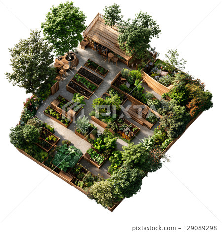 Aerial view of lush garden featuring various plants, raised beds, and cozy wooden shed. This serene space invites relaxation and gardening activities, showcasing natures beauty 129089298