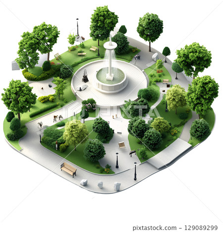 beautifully designed park featuring central fountain surrounded by lush greenery, benches, and walking paths. This serene environment invites relaxation and leisure activities 129089299