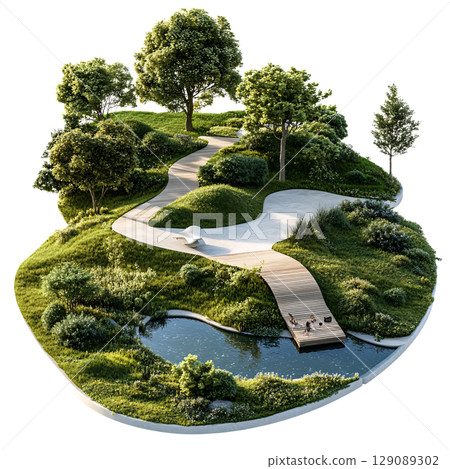 serene landscape featuring winding pathway through lush greenery, surrounded by trees and tranquil pond. This peaceful scene invites relaxation and connection with nature 129089302