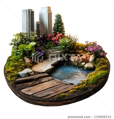 miniature landscape featuring serene pond surrounded by lush greenery, vibrant flowers, and modern skyscrapers in background, creating harmonious blend of nature and urban life 129089315