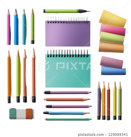 Colorful stationery items including pencils, markers, notepads, and sticky notes arranged neatly. Perfect for creative projects and organization 129089341