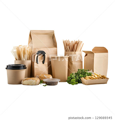 Eco friendly packaging items including paper bags, cups, and containers, ideal for takeout and food delivery. Perfect for restaurants and cafes focusing on sustainability 129089345