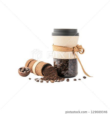 stylish reusable coffee cup with cork band, surrounded by coffee beans and ground coffee, showcasing eco friendly design and sustainability 129089346