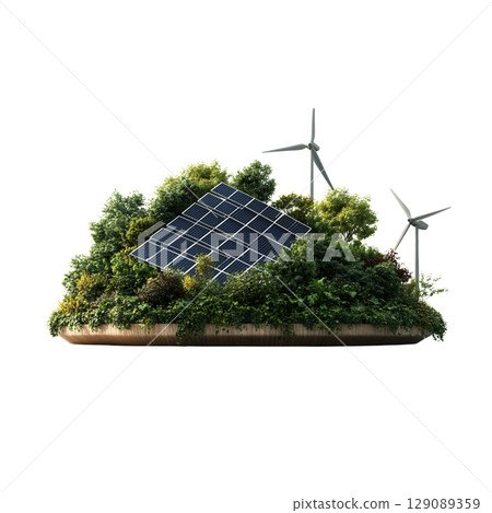 Sustainable energy concept featuring solar panels and wind turbines surrounded by lush greenery, symbolizing eco friendly technology and renewable resources Sustainable energy concept featuring solar panels and wind turbines surrounded by lush greenery, symbolizing eco friendly technology and renewable resources 129089359