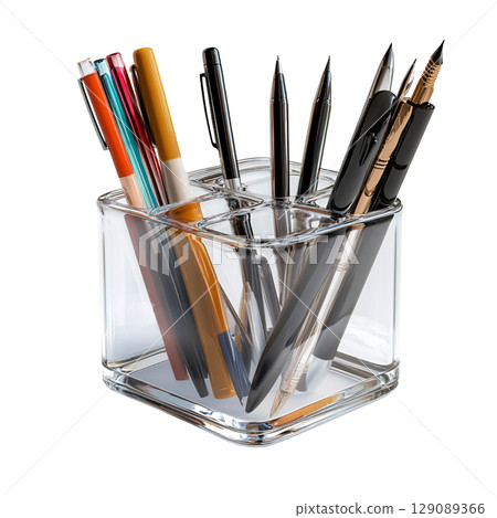 clear glass pen holder filled with various pens and markers, showcasing vibrant assortment of writing instruments. This stylish organizer adds touch of elegance to any workspace clear glass pen holder filled with various pens and markers, showcasing vibrant assortment of writing instruments. This stylish organizer adds touch of elegance to any workspace 129089366