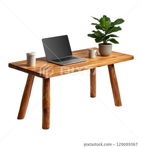 modern wooden table featuring laptop, two coffee cups, and potted plant, creating cozy workspace atmosphere. Ideal for home or office settings 129089367