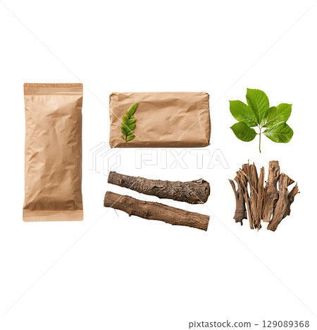 Natural materials including brown paper packaging, leaves, and wood pieces create earthy composition. Perfect for eco friendly projects or rustic decor 129089368