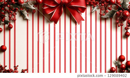 cheerful Christmas template featuring red and white striped background adorned with festive decorations, including large red bow and holly. Perfect for holiday greetings! 129089402