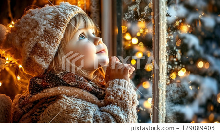 child gazing out of frosty window at snowy scene, surrounded by warm lights, evokes sense of wonder and joy during winter season 129089403