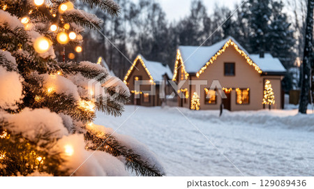 cozy winter scene featuring snowy landscape with charming houses adorned with festive lights. beautifully decorated Christmas tree in foreground adds warmth to serene atmosphere 129089436