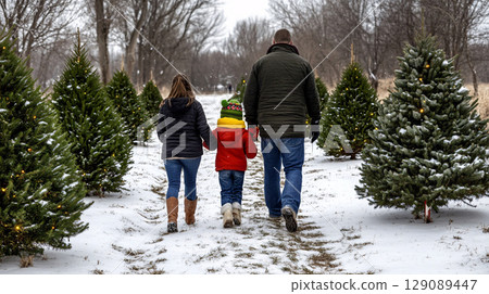 family walking through snowy Christmas tree farm, enjoying festive atmosphere together. scene captures joy and warmth of holiday season amidst beautiful trees family walking through snowy Christmas tree farm, enjoying festive atmosphere together. scene captures joy and warmth of holiday season amidst beautiful trees 129089447