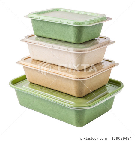 stack of biodegradable food containers green and beige tones, isolated transparency background, showcasing eco friendly and sustainable packaging 129089484