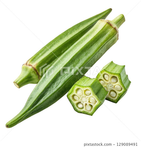 Fresh green okra pods and sliced pieces on transparent background, showcasing their vibrant color and texture 129089491