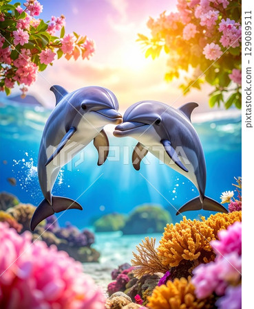 A pair of dolphins swims comfortably among vibrant coral and against a gently blurred ocean backdrop 129089511