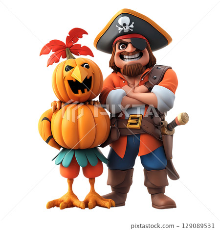 cheerful pirate character stands confidently with whimsical pumpkin creature, both exuding playful and adventurous spirit. Their vibrant colors and fun expressions create lively atmosphere cheerful pirate character stands confidently with whimsical pumpkin creature, both exuding playful and adventurous spirit. Their vibrant colors and fun expressions create lively atmosphere 129089531
