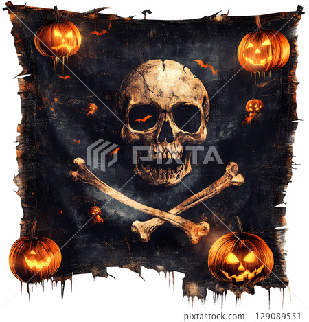 spooky Halloween themed design featuring skull and crossbones surrounded by glowing jack o lanterns and bats. This artwork captures essence of holiday with its eerie atmosphere 129089551