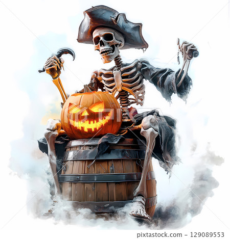 spooky skeleton pirate sits atop wooden barrel, holding carved pumpkin with mischievous grin. scene captures essence of Halloween with playful yet eerie vibe 129089553