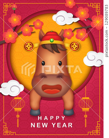 Chinese new year of cute cartoon horse and plum blossom spiral curve cloud Chinese new year of cute cartoon horse and plum blossom spiral curve cloud 129089783