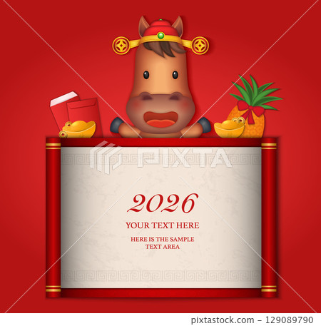 Chinese new year of cute cartoon horse scroll reel template and pineapple golden ingot red envelope 129089790