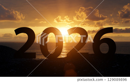 Silhouette of 2026 at Sunset. New Year and Future Plans 129089896